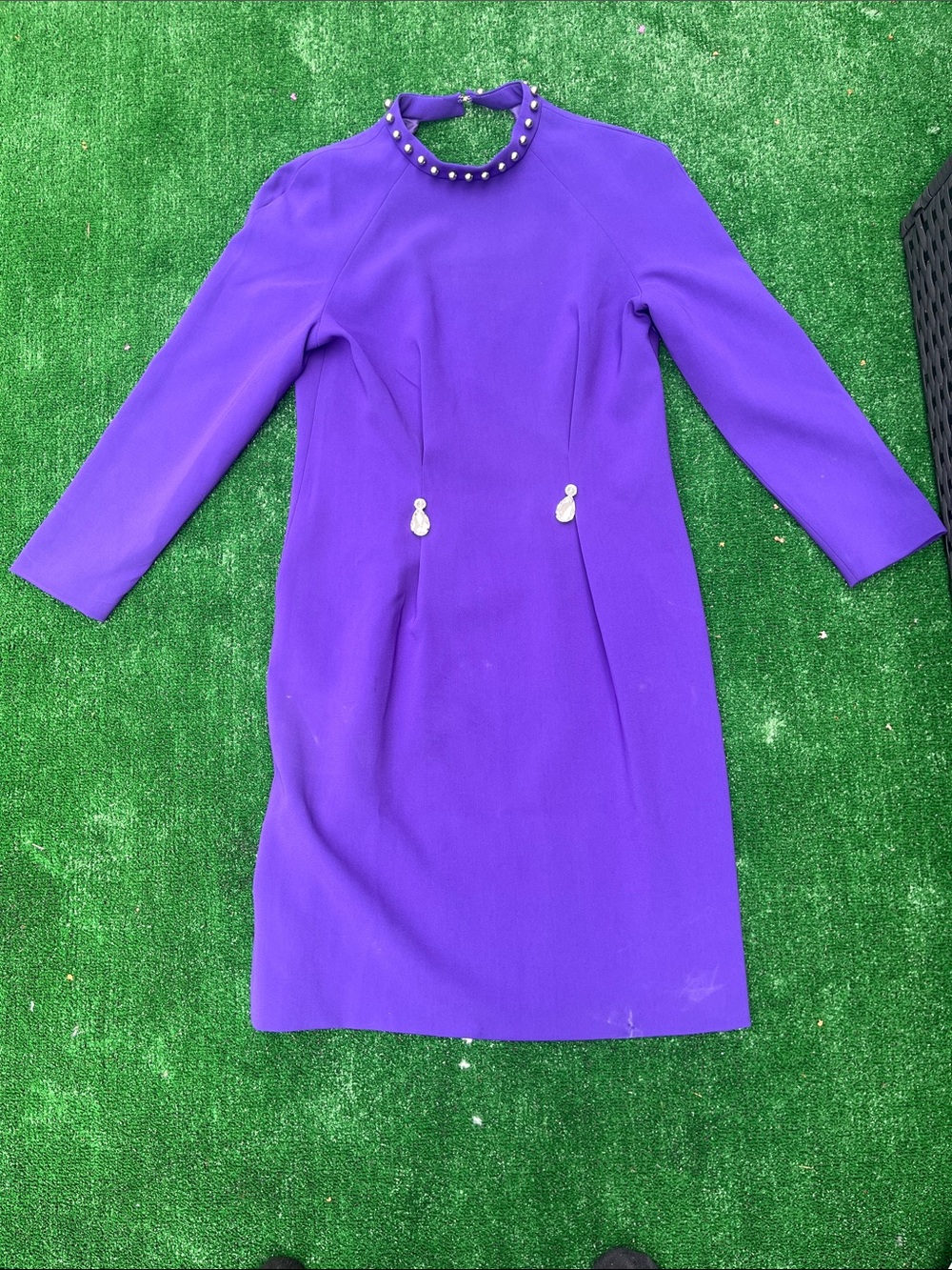 Moschino Purple Long-Sleeve Pearl-Trim Sheath Dress fancy sophisticated
